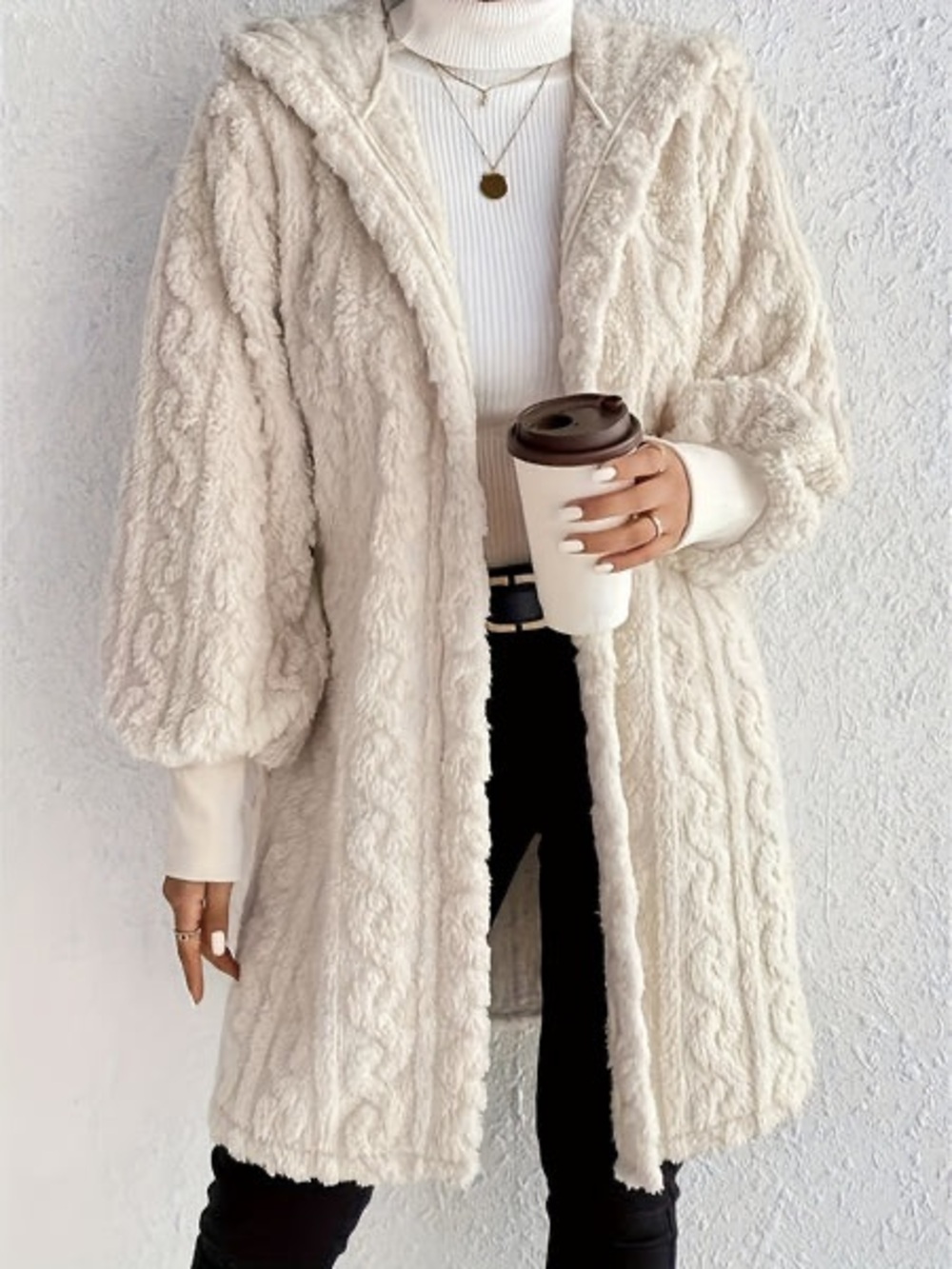SHEIN Cream Cable-Teddy Hooded Long Jacket